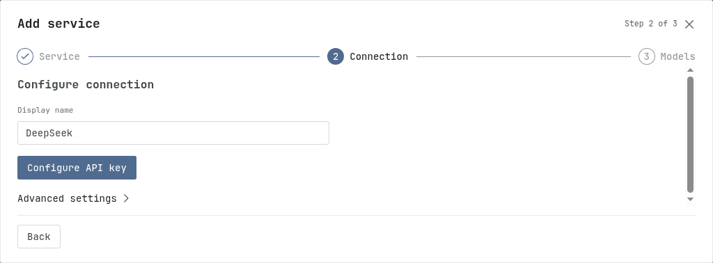 The DeepSeek connection step with its API key configuration button
