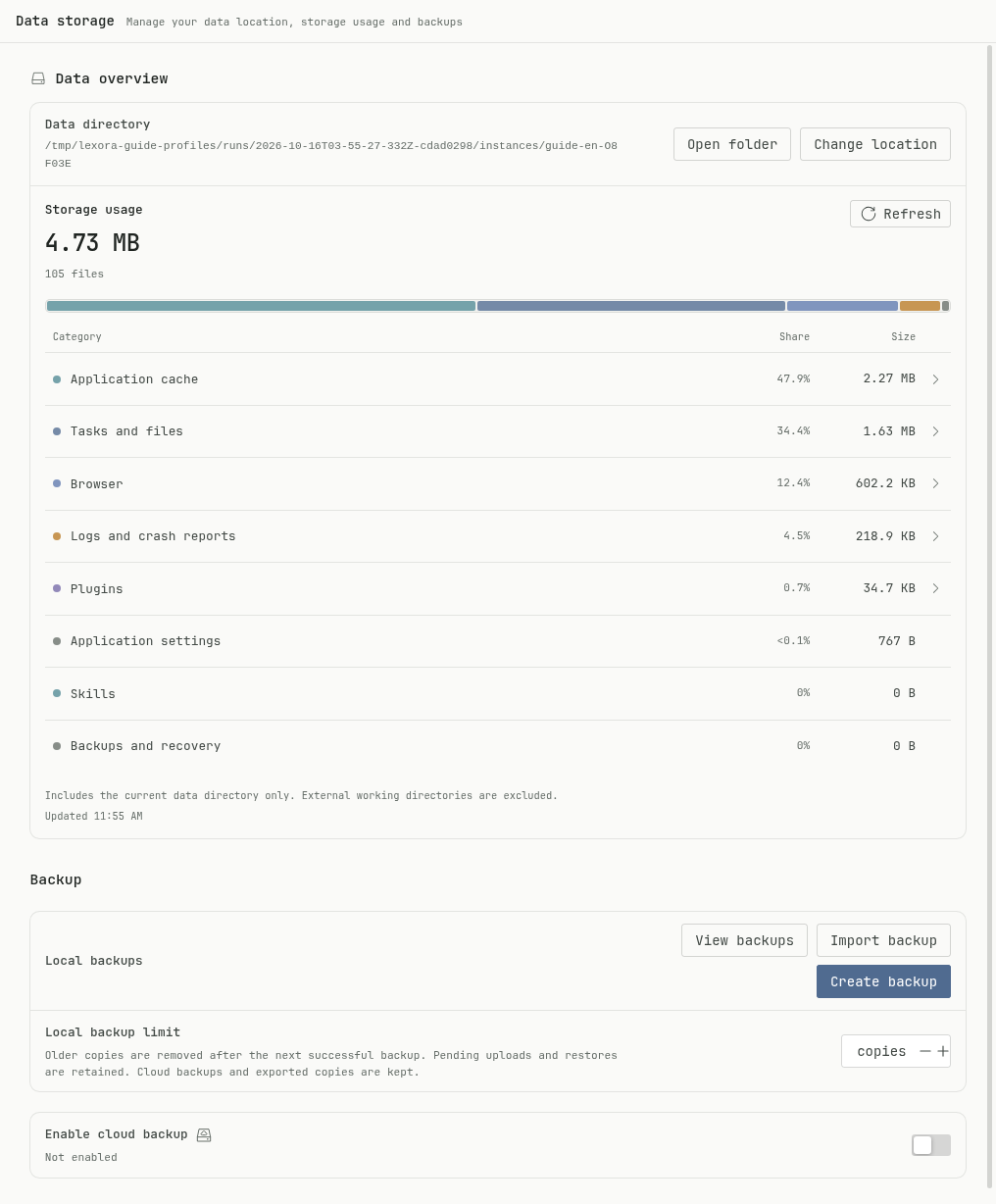 Data storage settings with directory, category usage, local backups, and cloud backup controls