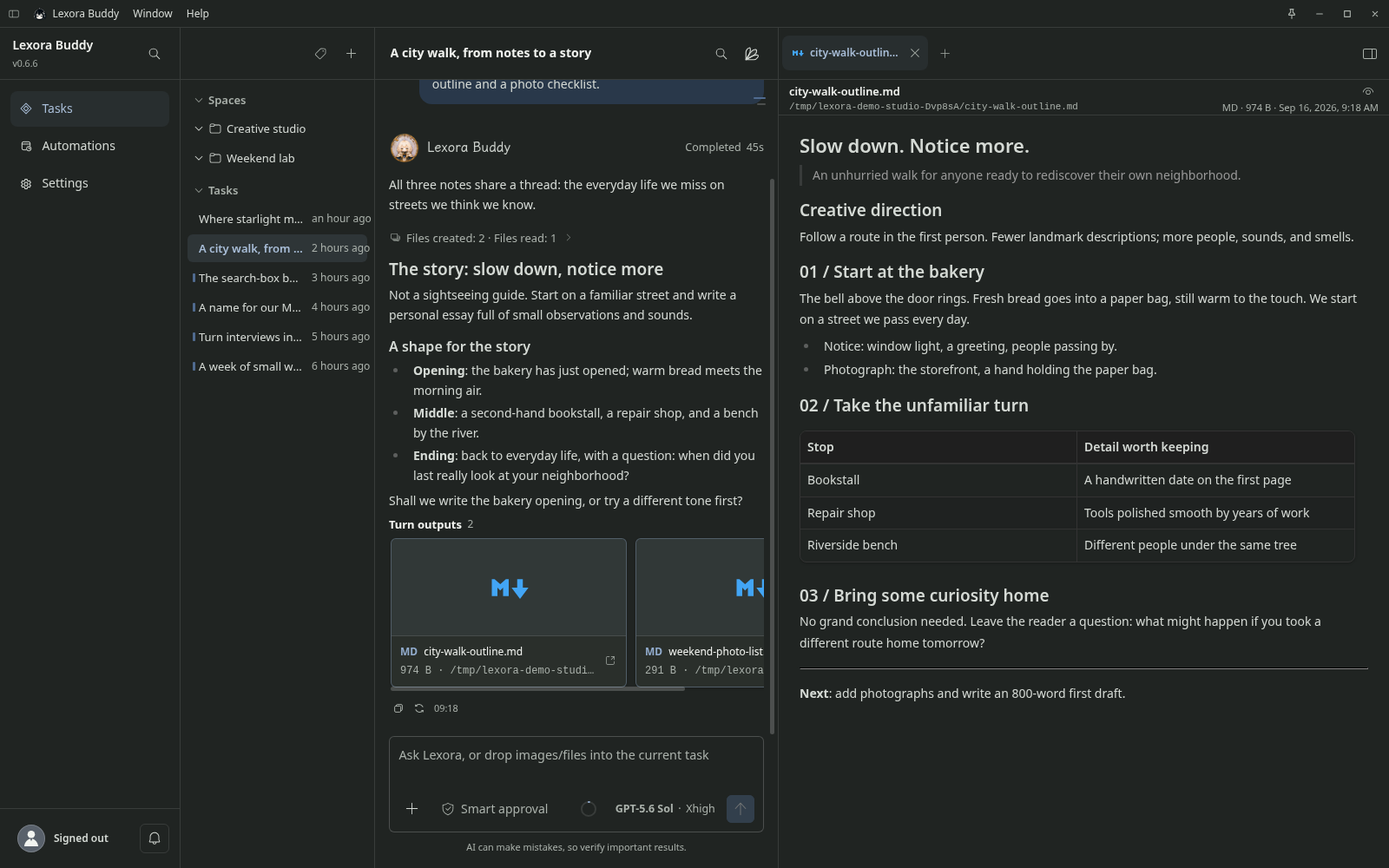 Lexora dark workspace with a conversation and a Markdown outline open side by side
