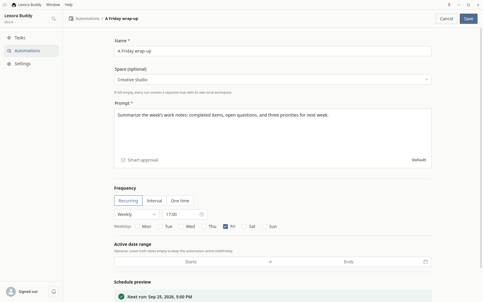 Lexora automation editor with a weekly wrap-up prompt, workspace, and schedule