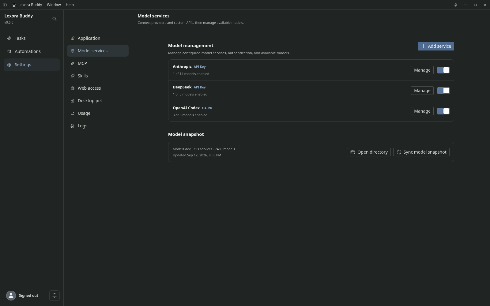 Lexora dark model settings showing OpenAI Codex, Anthropic, and DeepSeek services