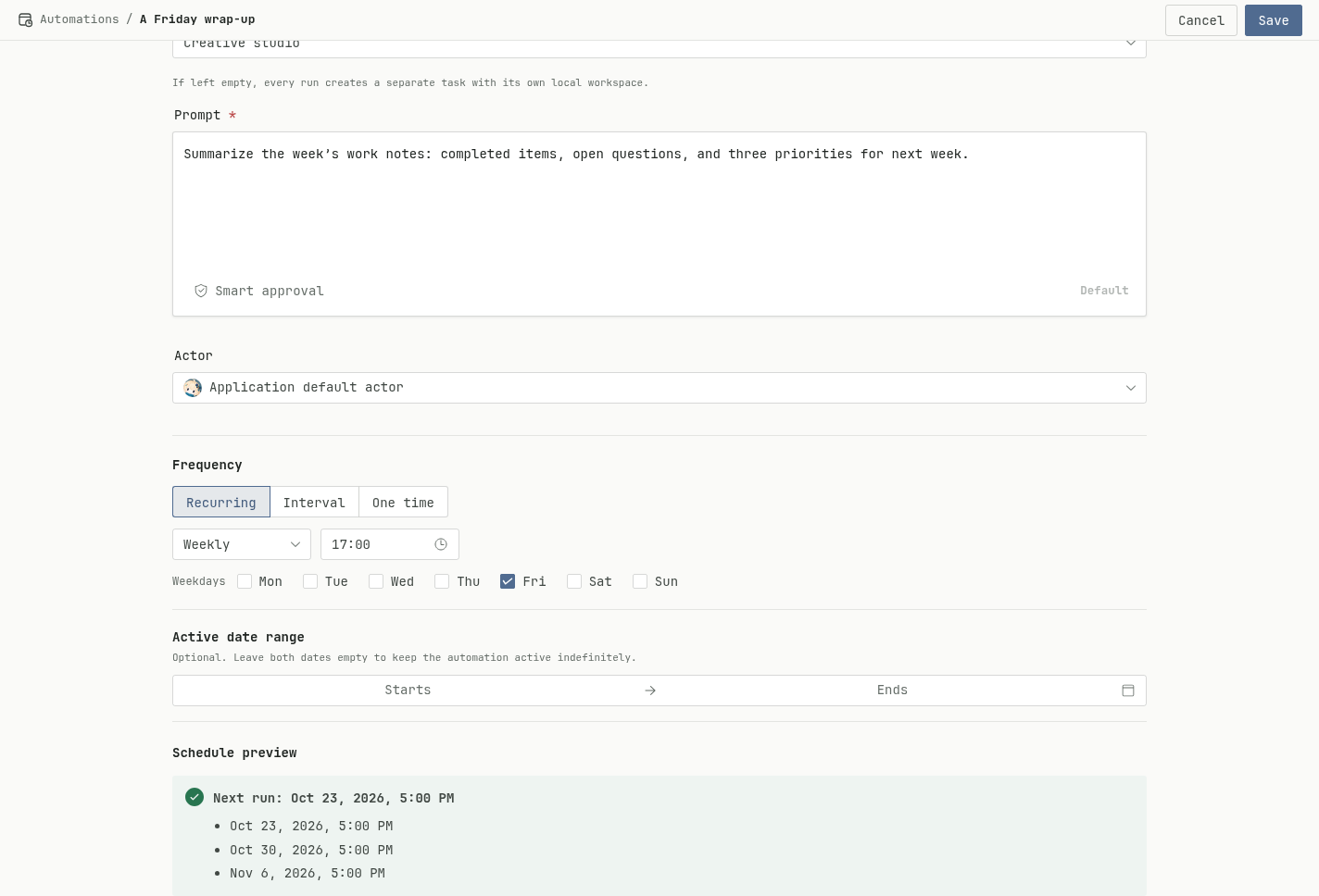 Friday review automation with its prompt, time, and schedule preview