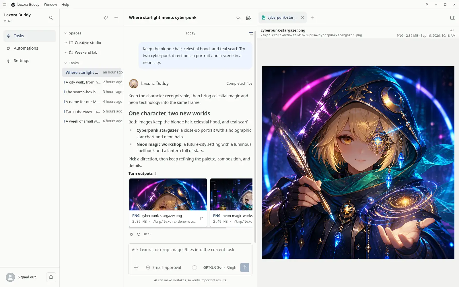Lexora image task with two cyberpunk character artworks and a large celestial mage preview