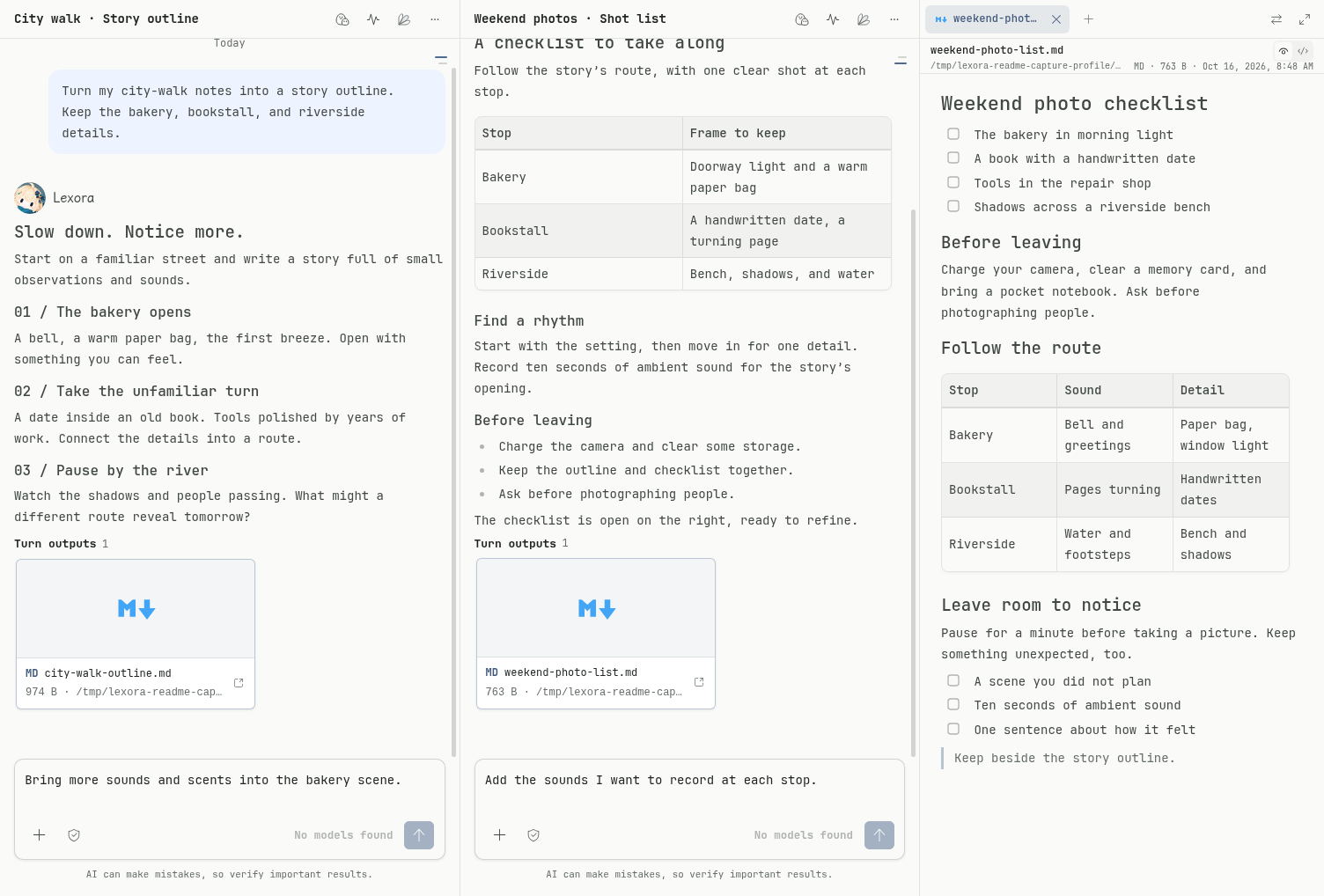 Two task conversations beside a file preview